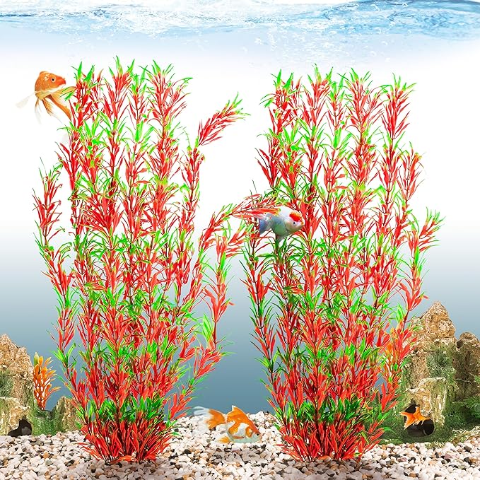 MyLifeUNIT Aquarium Plants, 21 Inches Tall Plastic Fish Tank Plants for Fish Tank Decorations and Aquarium Decor (Wine Red)