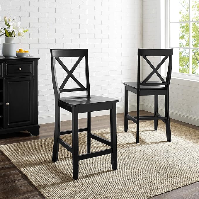 Crosley Furniture X-Back Wood Counter Height Bar Stools Set of 2, Black, 24-inch