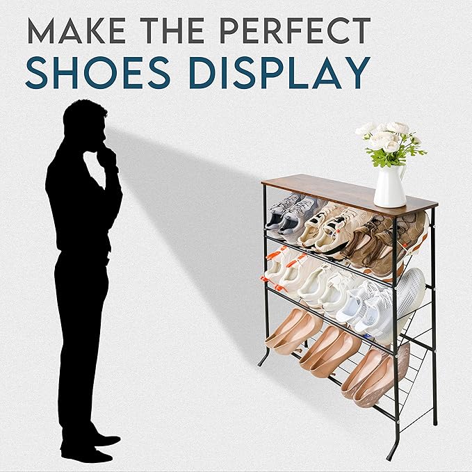 Narrow Shoe Rack for Front Door Entrance,4-Tier Shoes Rack Storage Organizer with 3 Slanted Shelves and Top Shelf for Entryway,Skinny Space Saving Shoe Rack, Black