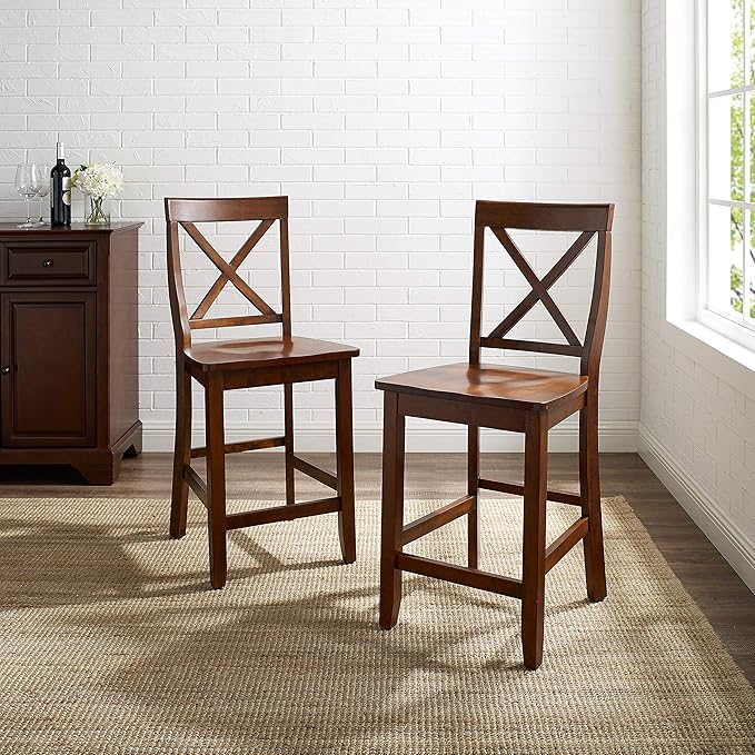 Crosley Furniture X-Back Wood Counter Height Bar Stools Set of 2, Vintage Mahogany, 24-inch