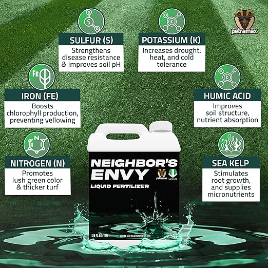 PetraMax Neighbor’s Envy Grass Fertilizer for Lawn & Garden, 1 Gallon Covers up to 16,000 sq.ft. 7-in-1 Liquid Lawn Fertilizer Concentrate for Deep Green Turf - Includes Nitrogen/Iron/Humic/Sea Kelp